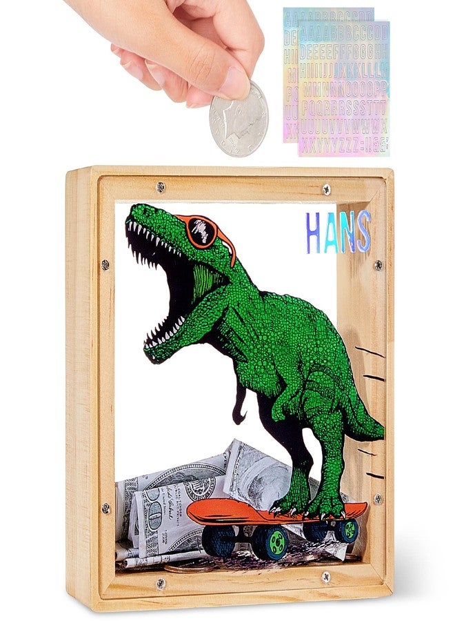 ICOSY Wooden Piggy Bank for Kids Boys Girls, DIY Name Coin Bank Unicorn Dinosaur Money Bank with Letter Stickers - Image 1